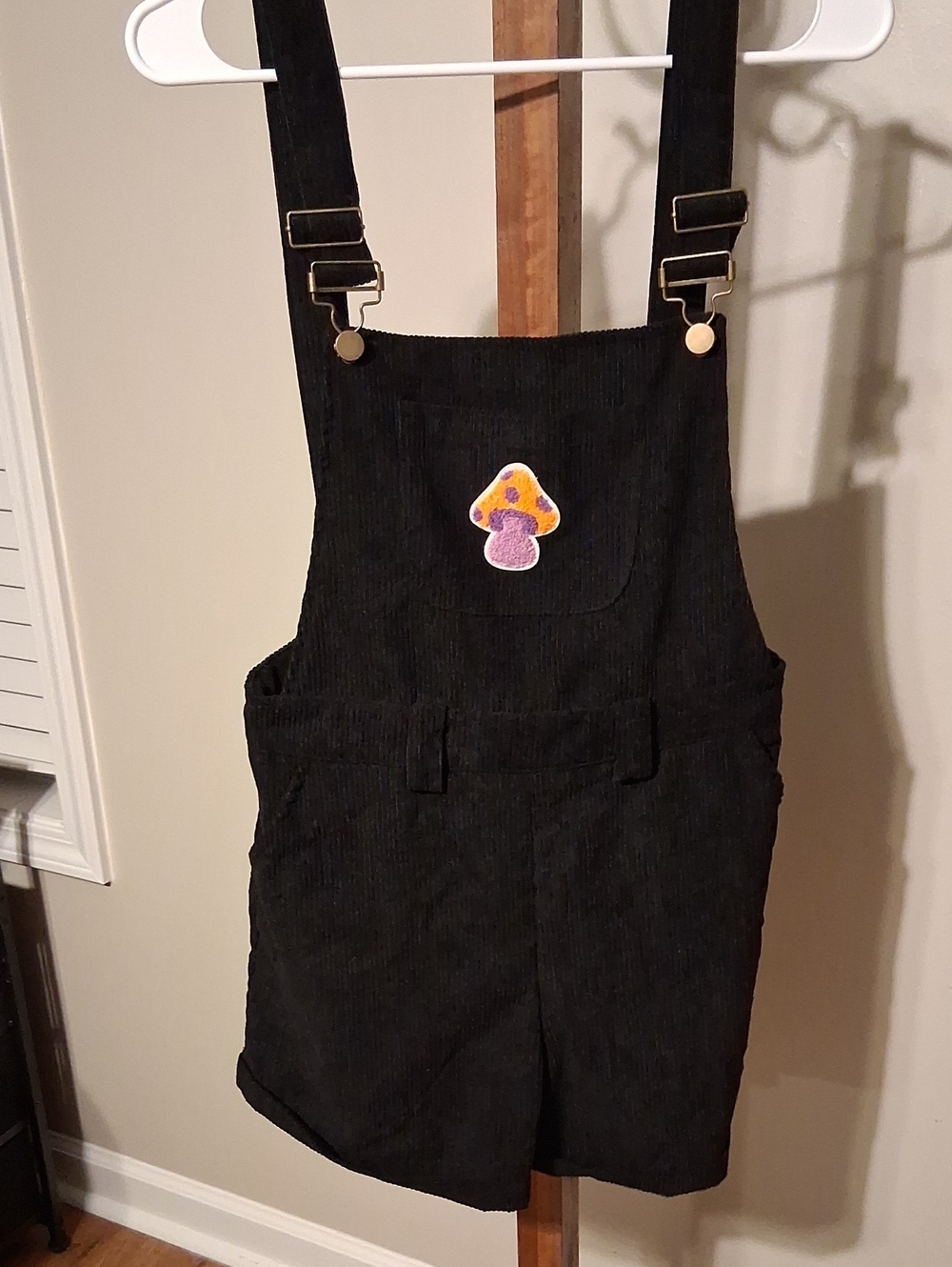 SHEIN Black Corduroy Shortalls with Mushroom Patch